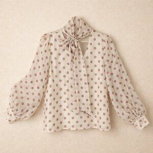 Polka Dot Sheer Bow Tie Blouse Melloday Bishop Sleeve XL